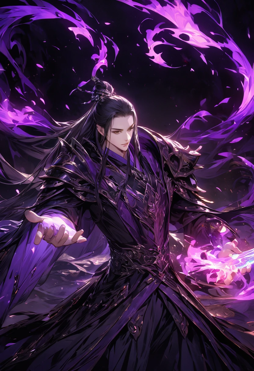 ERD，From《The Lord of the Rings》Boss，一个穿着紫色长袍Boss，Holding a glowing purple sword in his hand，剑上有发光的Purple flame，Dark background，Purple flame，Particle Effects，Very detailed，Ultra-high resolution，32K UHD，Best quality，masterpiece，