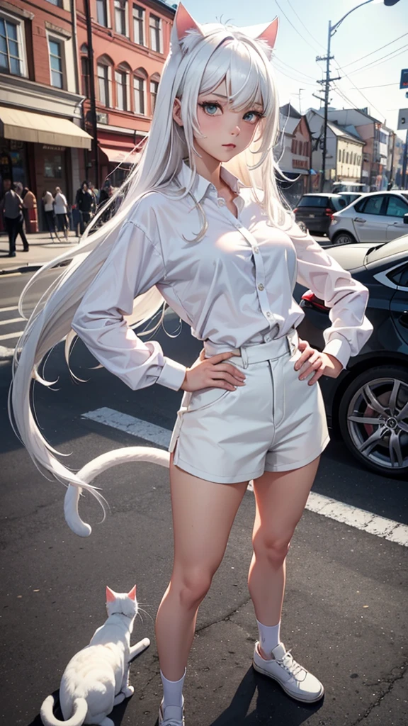 1girl, ebenya, looking at viewer, white hair, neko, cat ears, cat tail, white shirt, open clothes, russian city, ba-shiroko, hands on hips