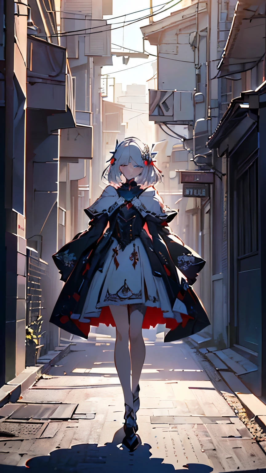 2 , one wearing a white dress and white robes with long white hair and red eyes, one wearing a black leather battle dress with short white hair and blue eyes, in a dark narrow alley, from below, ((QUALITY, 
8k, 8k wallpaper, (an extremely delicate and beautiful:1.1), (beautiful detailed eyes:1.3), (best illustration:1.1), (best quality:1.3), (best shadow:1.1), detailed eyes, highres, (masterpiece:1.3), official_art, ray tracing, (stylized:1.3), trending on artstation, (ultra_detailed:1.2)) ((POSE & EXPRESSION
blush, head_tilt, legs_apart, lips_apart, looking_at_viewer, standing, smirking) 
