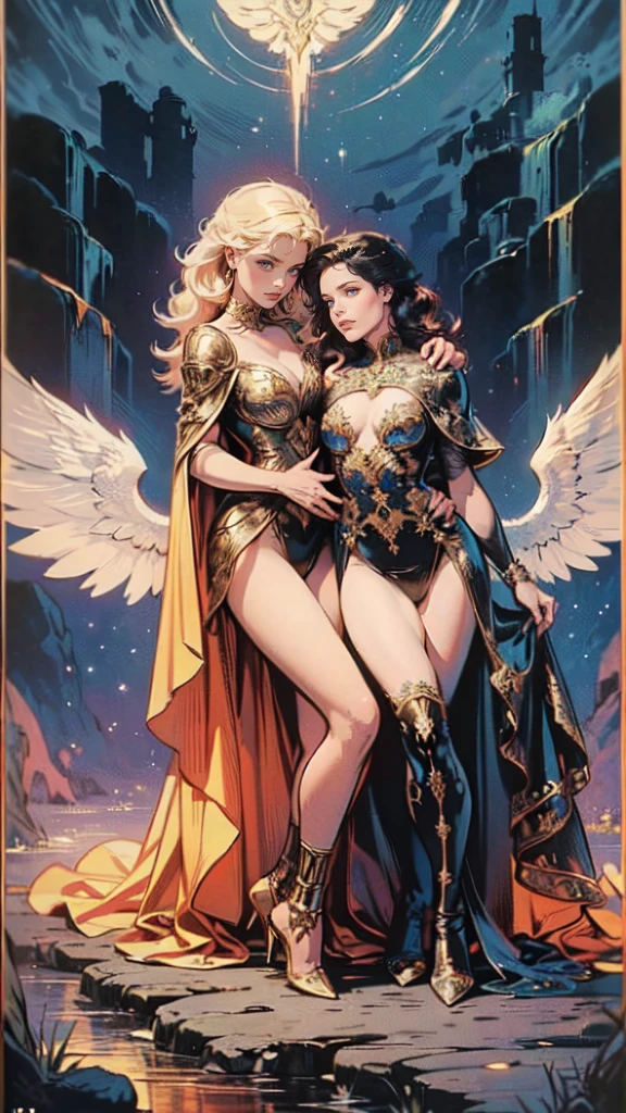 fantasy art, RPG art [[a picture of 2 women]], , a female angel (Masterpiece, intricate details), wearing dress, pale skin, best details beautiful face (Masterpiece, intricate details), blond hair, long hair wavy hair (Masterpiece,  intricate details), blue eyes, high heeled boots, wearing a dresasterpiece, intricate details), large angelic wings, white angelic wings spread [AND] a female demon (Masterpiece, 1.3, intricate details), demon, red skin (Masterpiece,  intricate details), demonic wings, black demonic wings spread, demonic hornasterpiece), red skin (Masterpiece), black hair, red eyes, best details beautiful face (Masterpiece, intricate details), wearing a dressier piece: 1.3, intricate details), high heels, in the border between heaven and hell, moon, stars, clouds, god rays, soft natural light silhouette, dynamic angle, photorealism, panoramic view (Masterpiece 1.3, intense details) , Wide-Angle, Ultra Wide