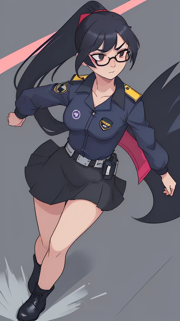 Officer Ayame has a lean, athletic build, standing at 5'7" with long, toned legs and a slender waist. Her skin is a fair porcelain tone, and her eyes are a striking shade of amber that seem to glow in the light. She has long, straight jet-black hair that reaches down to her waist, with a vibrant crimson streak running through it. A small, alluring scar above her left brow adds a touch of mystery to her captivating features.Officer Ayame wears a tailored navy-blue police uniform, which accentuates her figure and features. The jacket is fitted at the waist and sleeves, with epaulettes on the shoulders and a badge on the left breast pocket. The skirt is a short, flared design that showcases her shapely legs, and she wears black leggings underneath for practicality. Her shoes are a combination of black boots and polished leather dress shoes, completing the ensemble.To accessorize her look, Ayame dons a matching navy-blue headband that holds her hair back in a sleek ponytail, with a small pair of cat-like ears perched on top. She also wears a pair of stylish sunglasses with silver frames and mirrored lenses, perfect for hiding her true intentions. Her utility belt is adorned with various pouches and holsters for her police equipment, adding a touch of functionality to her sexiness.