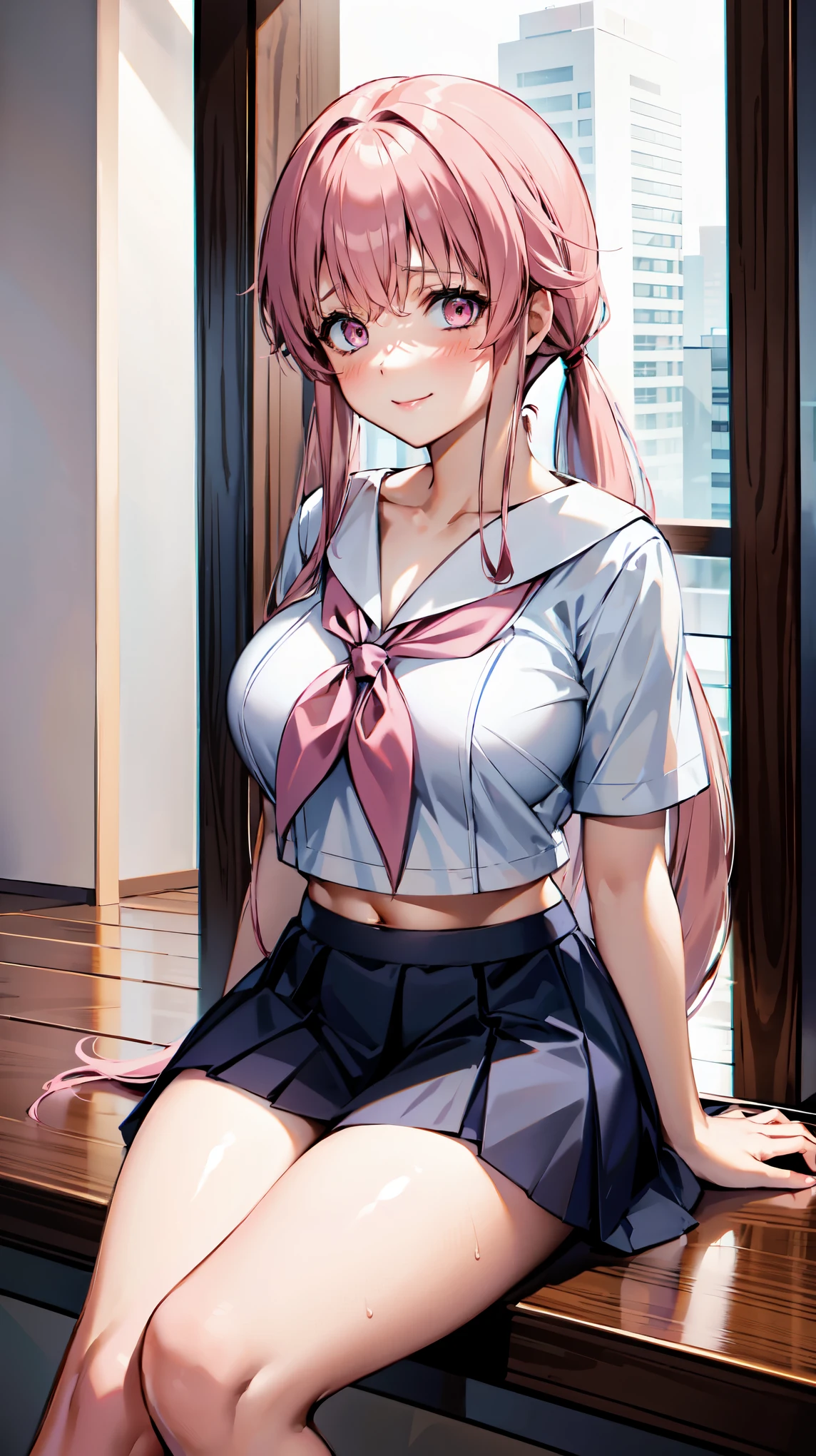 1girl, breasts, pink_hair, skirt, solo, blush, school_uniform, looking_at_viewer, sitting, cleavage, pink_eyes, long_hair, pleated_skirt, indoors, sweat, collarbone, navel, large_breasts, shirt, bra, blue_shirt, smile, short_sleeves, neckerchief, thighs, bangs, twintails, midriff, serafuku, closed_mouth, blue_skirt, red_neckerchief, underwear, sailor_collar, lips