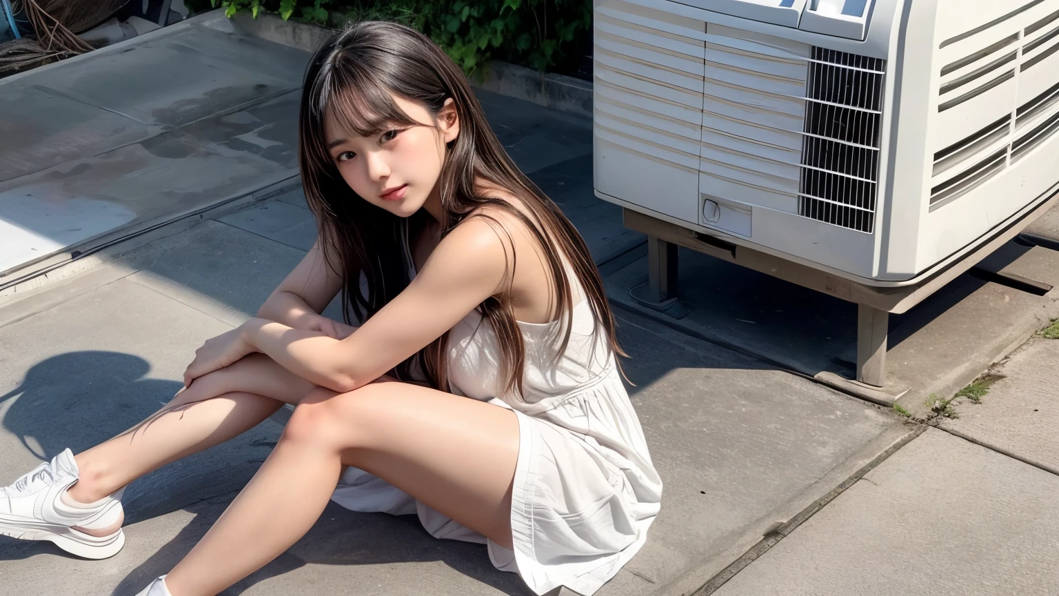 like an angel without wings. real photo. In the beautiful morning light, stepping onto the concrete floor on the roof of a building in Akihabara, Tokyo, there is a 13 year old female fashion model girl sitting on the outdoor unit of an air conditioner on the roof of a building, young Japanese female, solo female, wearing a white hospital wear, white full body dress, barefoot, she is sitting cross-legged, anatomy anatomically accurate two legs crossed, she has long black hair and a natural perm, beautiful black hair in the morning sunlight, summer sun shining through, she is operating a laptop, her gaze is on the laptop display, both women's hands are on the laptop Behind her head, a lone dove spreads its wings wide, only in place, the dove's feathers shining in the warm reflection of the morning sun. From the rooftop of the building where she is sitting, the buildings of Akihabara are in the vicinity. There are concrete buildings, ladders, and warm morning sunlight coming in from the upper left corner of the screen. A diagonal band of light crosses from the left corner of the screen to the lower right corner of the screen.
