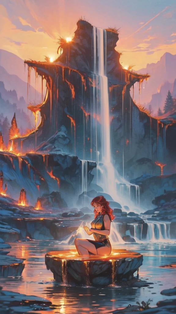 fantasy art, photorealistic, D&D art, a picture of a female monk sitting and meditating near a waterfall, at the base of the waterfall,  there is a human woman monk wearing monk garbs, meditating near a bonfire near an (epic sized waterfall: 1.3), red hair, long hair, full body (best details, Masterpiece, best quality :1.5), ultra detailed face (best details, Masterpiece, best quality :1.5), ultra feminine (best details, Masterpiece, best quality :1.5), exquisite beautiful (best details, Masterpiece, best quality :1.5) red hair, long hair, wavy hair, pale skin, blue eyes, intense eyes, water coming down from a volcanic cliff, multi level water falls, several pools created in different levels, forming new waterfalls, water cascading into a (large lava pool: 1.3) steam rising, clear water in many hues of blue and azure falling, ultra best realistic, best details, best quality, 16k, [ultra detailed], masterpiece, best quality, (extremely detailed), ultra wide shot, photorealism, depth of field, hyper realistic painting, magv1ll