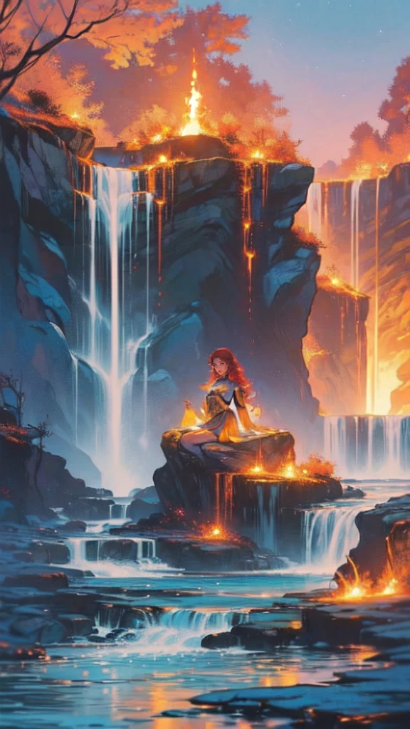 fantasy art, photorealistic, D&D art, a picture of a female monk sitting and meditating near a waterfall, at the base of the waterfall,  there is a human woman monk wearing monk garbs, meditating near a bonfire near an (epic sized waterfall: 1.3), red hair, long hair, full body (best details, Masterpiece, best quality :1.5), ultra detailed face (best details, Masterpiece, best quality :1.5), ultra feminine (best details, Masterpiece, best quality :1.5), exquisite beautiful (best details, Masterpiece, best quality :1.5) red hair, long hair, wavy hair, pale skin, blue eyes, intense eyes, water coming down from a volcanic cliff, multi level water falls, several pools created in different levels, forming new waterfalls, water cascading into a (large lava pool: 1.3) steam rising, clear water in many hues of blue and azure falling, ultra best realistic, best details, best quality, 16k, [ultra detailed], masterpiece, best quality, (extremely detailed), ultra wide shot, photorealism, depth of field, hyper realistic painting, magv1ll