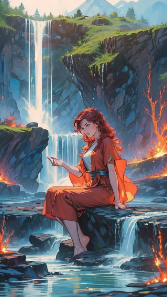 fantasy art, photorealistic, D&D art, a picture of a female monk sitting and meditating near a waterfall, at the base of the waterfall,  there is a human woman monk wearing monk garbs, meditating near a bonfire near an (epic sized waterfall: 1.3), red hair, long hair, full body (best details, Masterpiece, best quality :1.5), ultra detailed face (best details, Masterpiece, best quality :1.5), ultra feminine (best details, Masterpiece, best quality :1.5), exquisite beautiful (best details, Masterpiece, best quality :1.5) red hair, long hair, wavy hair, pale skin, blue eyes, intense eyes, water coming down from a volcanic cliff, multi level water falls, several pools created in different levels, forming new waterfalls, water cascading into a (large lava pool: 1.3) steam rising, clear water in many hues of blue and azure falling, ultra best realistic, best details, best quality, 16k, [ultra detailed], masterpiece, best quality, (extremely detailed), ultra wide shot, photorealism, depth of field, hyper realistic painting, magv1ll