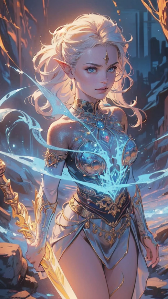 a picture of a female elf (intense details, Masterpiece, best quality: 1.5) fantasy swashbuckler, fantasy fencer, armed with a slim sword, shinning sword, metallic shine, colorful clothes, dynamic clothing, an ultra wide shot, full body (intense details, Masterpiece, best quality: 1.5)epic beautiful female elf (intense details, Masterpiece, best quality: 1.5), rich hair, braided hair, small pointed ears, Sword and shield, GLOWING SWORD [colorful magical sigils in the air],[ colorful arcane markings floating] (intricate details, Masterpiece, best quality: 1.6), holding a [sword] (intricate details, Masterpiece, best quality: 1.6) holding a [sword glowing in red light] fantasy urban street (intense details, Masterpiece, best quality: 1.5),  purple cloak, long cloak (intense details, Masterpiece, best quality: 1.5), sense of daring, sense of adventure,  high details, best quality, 8k, [ultra detailed], masterpiece, best quality, (extremely detailed), dynamic angle, ultra wide shot, photorealistic, RAW, fantasy art, dnd art, fantasy art, realistic art, DonM3lv3s, fantasysword sword, detailed face
d