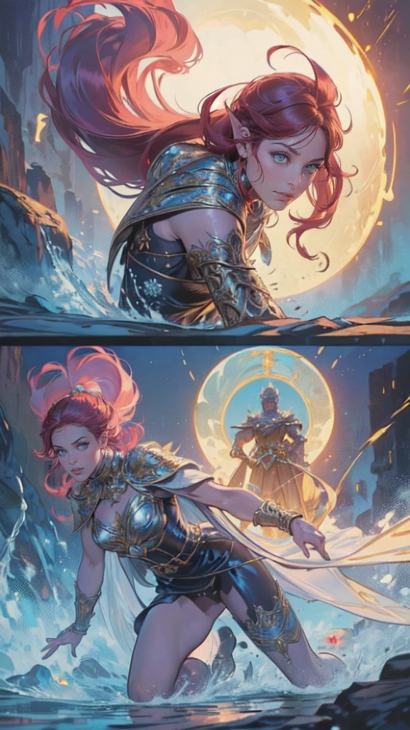 a picture of a female elf (intense details, Masterpiece, best quality: 1.5) fantasy swashbuckler, fantasy fencer, armed with a slim sword, shinning sword, metallic shine, colorful clothes, dynamic clothing, an ultra wide shot, full body (intense details, Masterpiece, best quality: 1.5)epic beautiful female elf (intense details, Masterpiece, best quality: 1.5), rich hair, braided hair, small pointed ears, Sword and shield, GLOWING SWORD [colorful magical sigils in the air],[ colorful arcane markings floating] (intricate details, Masterpiece, best quality: 1.6), holding a [sword] (intricate details, Masterpiece, best quality: 1.6) holding a [sword glowing in red light] fantasy urban street (intense details, Masterpiece, best quality: 1.5),  purple cloak, long cloak (intense details, Masterpiece, best quality: 1.5), sense of daring, sense of adventure,  high details, best quality, 8k, [ultra detailed], masterpiece, best quality, (extremely detailed), dynamic angle, ultra wide shot, photorealistic, RAW, fantasy art, dnd art, fantasy art, realistic art, DonM3lv3s, fantasysword sword, detailed face
d