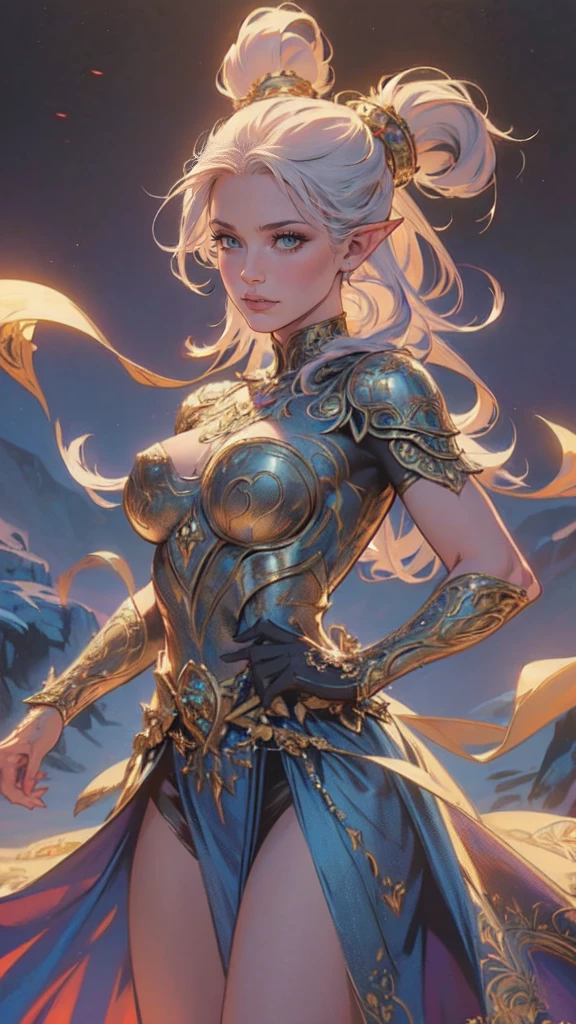 a picture of a female elf (intense details, Masterpiece, best quality: 1.5) fantasy swashbuckler, fantasy fencer, armed with a slim sword, shinning sword, metallic shine, colorful clothes, dynamic clothing, an ultra wide shot, full body (intense details, Masterpiece, best quality: 1.5)epic beautiful female elf (intense details, Masterpiece, best quality: 1.5), rich hair, braided hair, small pointed ears, Sword and shield, GLOWING SWORD [colorful magical sigils in the air],[ colorful arcane markings floating] (intricate details, Masterpiece, best quality: 1.6), holding a [sword] (intricate details, Masterpiece, best quality: 1.6) holding a [sword glowing in red light] fantasy urban street (intense details, Masterpiece, best quality: 1.5),  purple cloak, long cloak (intense details, Masterpiece, best quality: 1.5), sense of daring, sense of adventure,  high details, best quality, 8k, [ultra detailed], masterpiece, best quality, (extremely detailed), dynamic angle, ultra wide shot, photorealistic, RAW, fantasy art, dnd art, fantasy art, realistic art, DonM3lv3s, fantasysword sword, detailed face
d