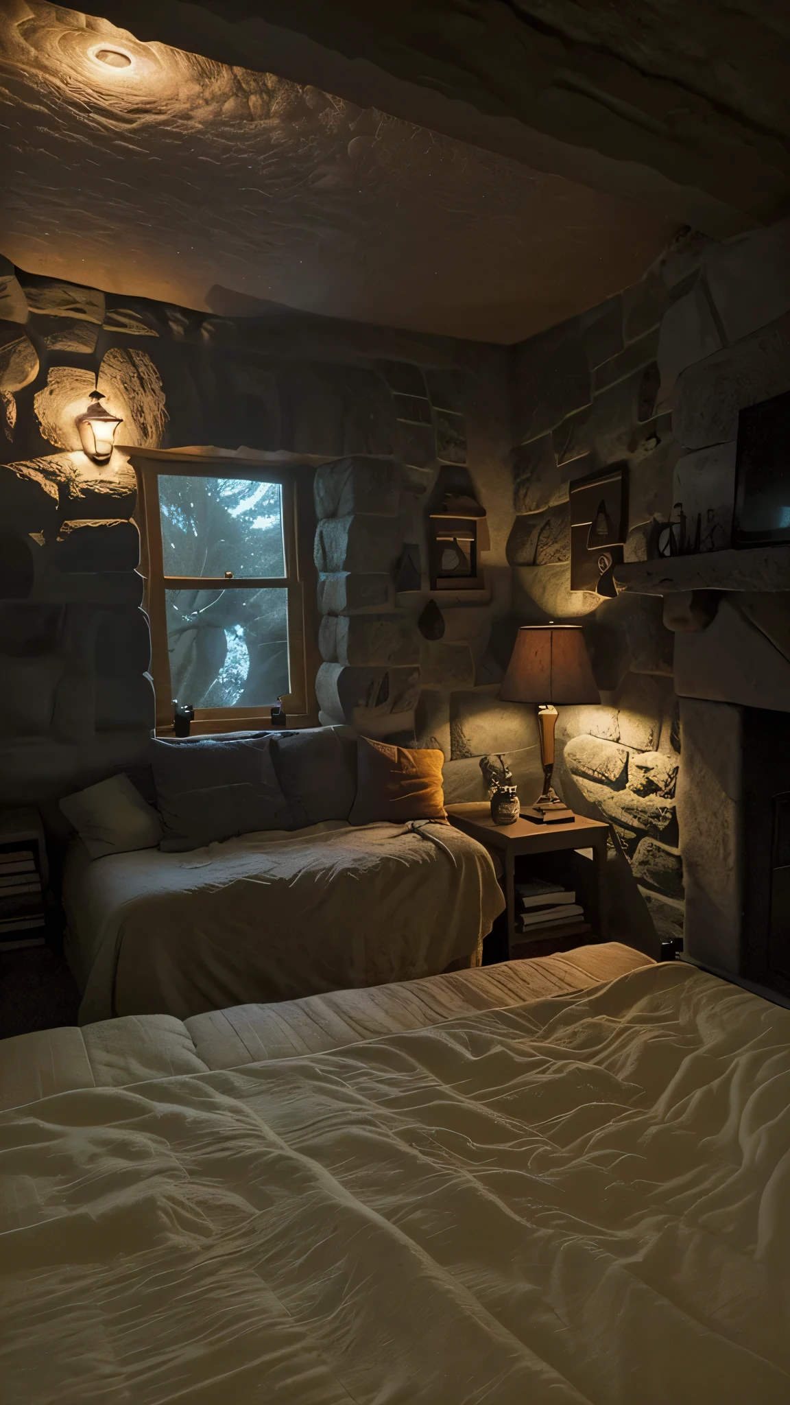 there is a bed with a yellow comforter, an electric guitar hanging on a wall, rock posters on the interior stone walls, 90s, and a fireplace in the corner, cozy place, cozy room, cozy bed, cozy and calm, cosy atmoshpere, cozy and peaceful atmosphere, cozy environment, cosy vibes, cozy atmospheric, cozy lighting, window with a rainy storm outside, stone cottage on a mountain top, cozy setting, very cozy, cozy under a blanket, cosy enchanted scene, cosy atmosphere, cozy lights, cozy, night time, epic, 8K