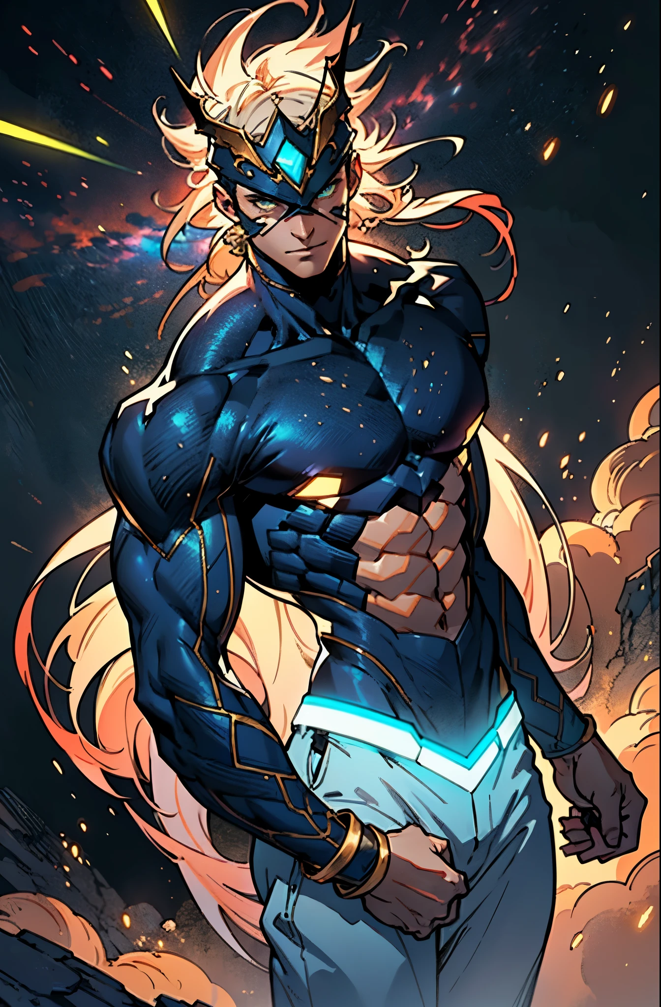 A man with messy medium-length hair emitting neon fluorescence, a magnificent fantasy-style headdress covering upper half of his face, sharp gaze, a muscular physique with a bronze-toned upper body, a plain cloth belt wraps around his waist, white coarse cloth trousers, standing sideways with a tilted body, topless, amidst iridescent nebula clouds, this character embodies a finely crafted fantasy-style practitioner in anime style, exquisite and mature manga art style, high definition, best quality, highres, ultra-detailed, ultra-fine painting, extremely delicate, professional, perfect body proportions, golden ratio, anatomically correct, symmetrical face, extremely detailed eyes and face, high quality eyes, creativity, RAW photo, UHD, 32k, Natural light, cinematic lighting, masterpiece-anatomy-perfect, masterpiece:1.5