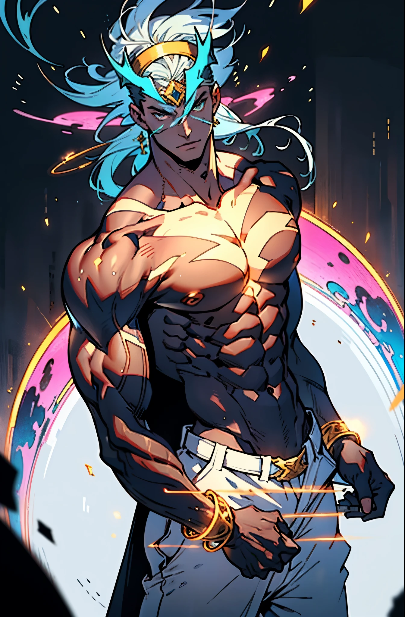 A man with messy medium-length hair emitting neon fluorescence, a magnificent fantasy-style headdress covering upper half of his face, sharp gaze, a muscular physique with a bronze-toned upper body, a plain cloth belt wraps around his waist, white coarse cloth trousers, standing sideways with a tilted body, topless, amidst iridescent nebula clouds, this character embodies a finely crafted fantasy-style practitioner in anime style, exquisite and mature manga art style, high definition, best quality, highres, ultra-detailed, ultra-fine painting, extremely delicate, professional, perfect body proportions, golden ratio, anatomically correct, symmetrical face, extremely detailed eyes and face, high quality eyes, creativity, RAW photo, UHD, 32k, Natural light, cinematic lighting, masterpiece-anatomy-perfect, masterpiece:1.5