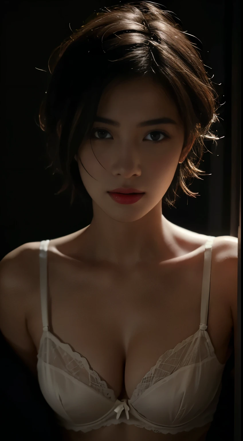 Best quality, masterpiece, ultra high res, (photorealistic:1.5), raw photo, 1girl, offshoulder, in the dark, deep shadow, low key, cold light, sexy look, short hair, bra strap, red