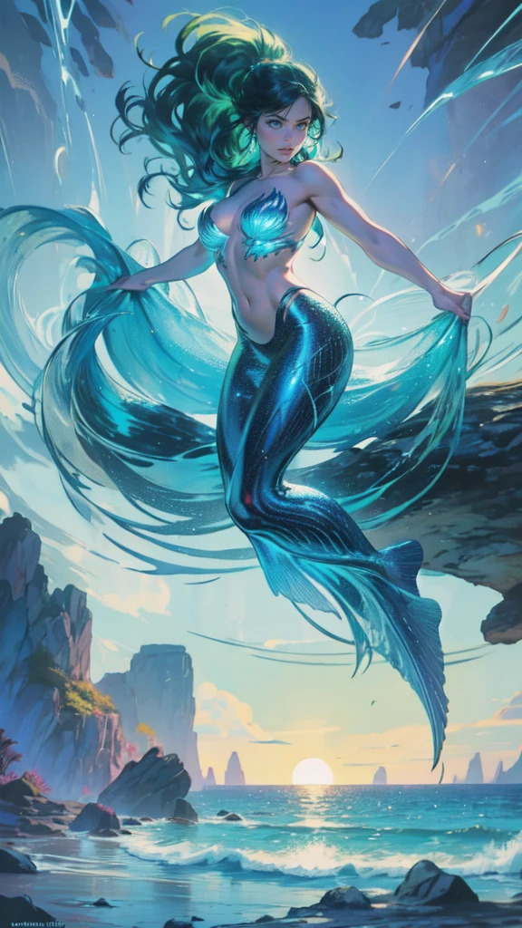 high details, best quality, 16k, [ultra detailed], masterpiece, best quality, (extremely detailed), full body, ultra wide shot, RAW, photorealistic, fantasy art, dnd art, rpg art, realistic art, an ultra wide picture of a mermaid resting on a rock on a blue coast(1.5 intricate details, Masterpiece, best quality) , female mermaid, blue skin, green hair, long hair, swirling hair, intense eyes, small pointed ears, ((blue eyes)), ((glowing eyes)), wearing sea shell clothing, beautiful mermaid, you can see the coast line behind her, the waves hitting the beach, palm trees, the sun is rising from behind her, dynamic fantasy blue beach background ((magical atmosphere)), high details, best quality, highres, ultra wide angle