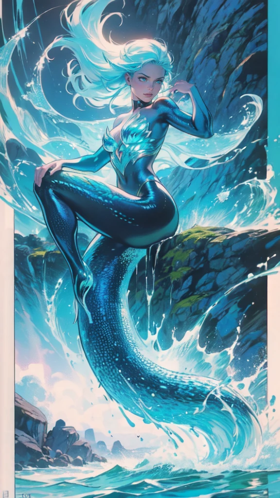 high details, best quality, 16k, [ultra detailed], masterpiece, best quality, (extremely detailed), full body, ultra wide shot, RAW, photorealistic, fantasy art, dnd art, rpg art, realistic art, an ultra wide picture of a mermaid resting on a rock on a blue coast(1.5 intricate details, Masterpiece, best quality) , female mermaid, blue skin, green hair, long hair, swirling hair, intense eyes, small pointed ears, ((blue eyes)), ((glowing eyes)), wearing sea shell clothing, beautiful mermaid, you can see the coast line behind her, the waves hitting the beach, palm trees, the sun is rising from behind her, dynamic fantasy blue beach background ((magical atmosphere)), high details, best quality, highres, ultra wide angle