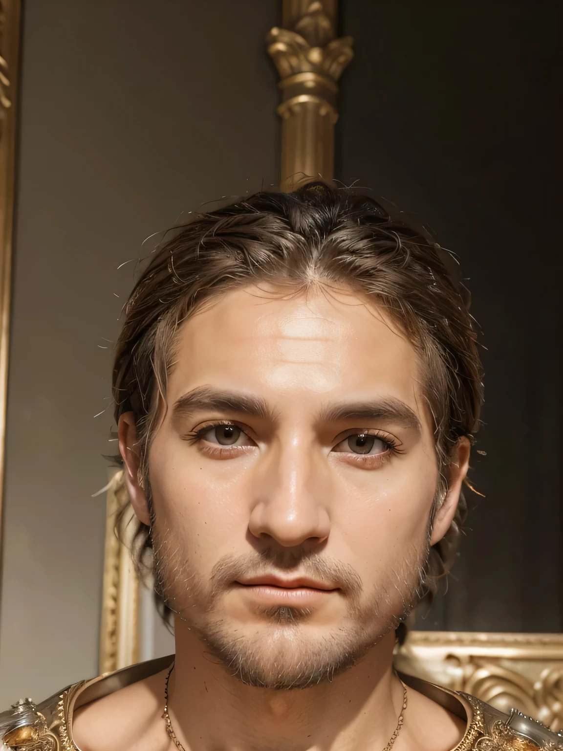 Transforme essa foto em 3d, detailed elaborate portrait of Knight Templar in medieval armor, arte de Gustave Dore e Leonardo da Vinci e Raphael e Random Painter e Greg Rutkowski e Roberto Ferri, style by the fusion of Renaissance and Baroque and Neoclassicism, (((contato visual, olhando para o espectador))), facial expression of serene tranquility and compassionate empathy, (roupa modesta simples e elegante), epic spring landscape with sunset cloudscape, (foto aproximada), elaborate classical oil painting, highly aesthetic artistic masterpiece, Crisp and intricate details, dreamy and ethereal, realismo combinado com simbolismo, Oneiric and surreal