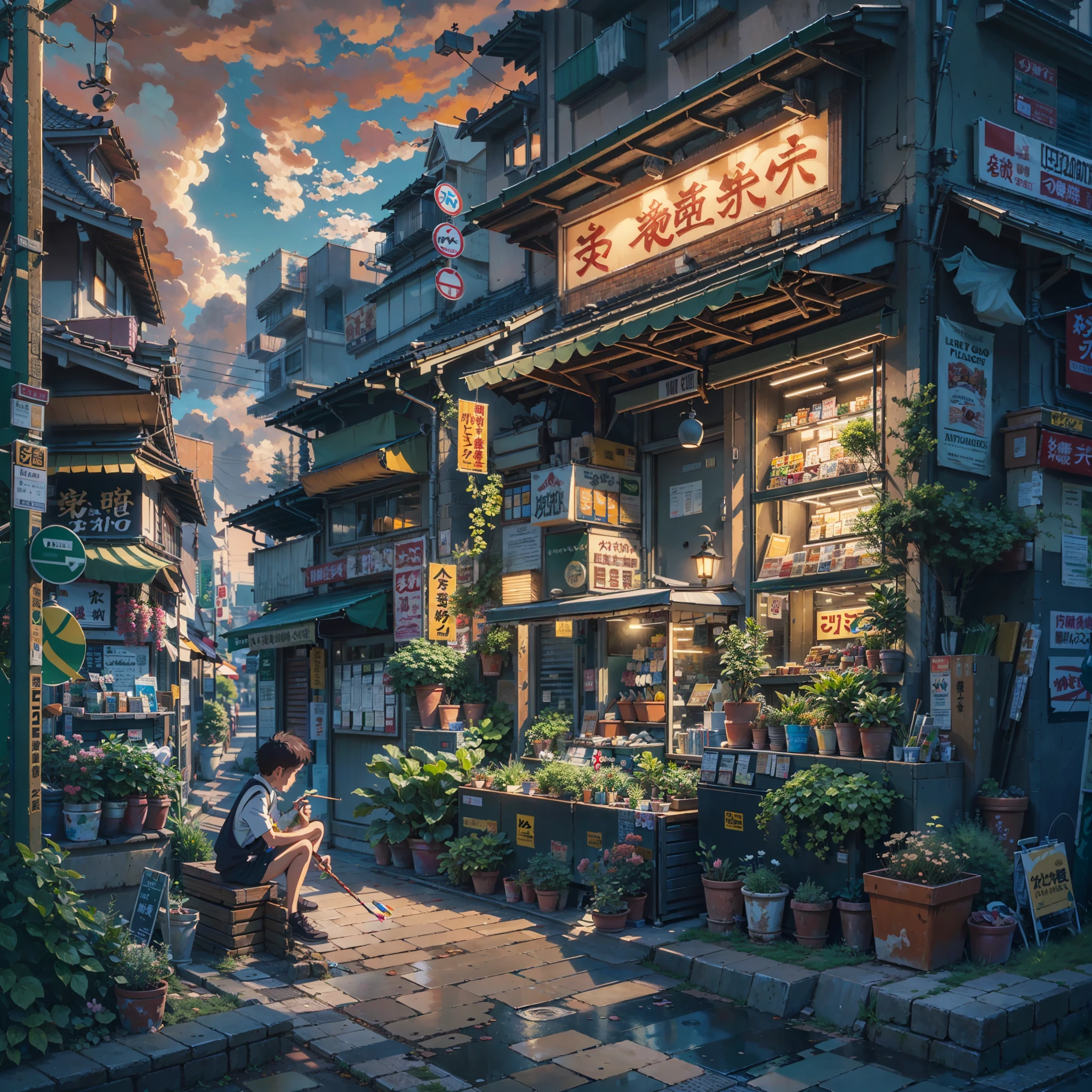 painting of a japanese street corner with an anime boy sitting on the roof of a building with his feet hanging off the edge, studio ghibli and dan mumford, by Kamagurka, detailed 4 k painting, beautiful detailed pixel art, convenience store, detailed anime artwork, tokyo anime scene, highly detailed digital painting, extra detailed, tokyo - esque town, very detailed digital painting, detailed painting 4 k, highly detailed 4 k painting