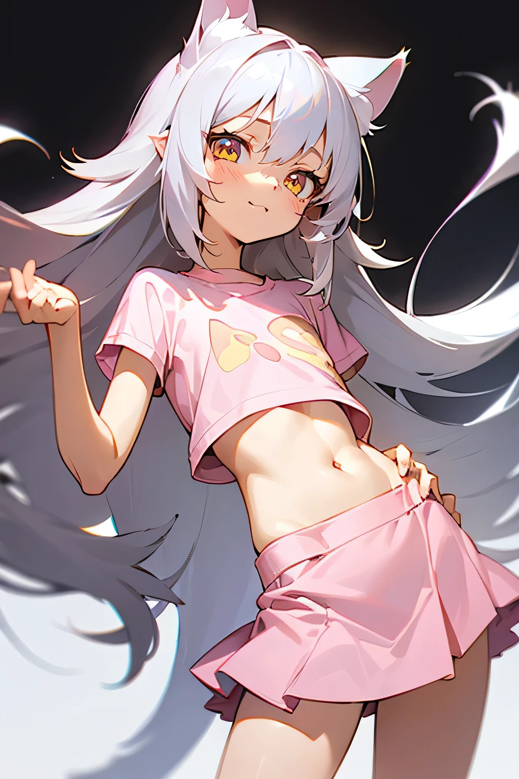 1girl, silver hair, golden eyes with pupils, ((skinny)), ((petite)), short, small, ((neko)), (cropped solid pastel pink tshirt), long hair, short skirt, (((kid))), cat ears, happy, blush, flat chest, midriff, at school, hand on tummy, belly rub