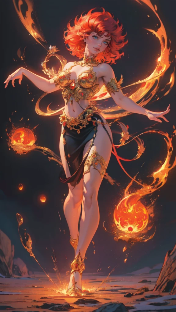 high details, best quality, 16k, [ultra detailed], masterpiece, best quality, (extremely detailed), full body, ultra wide shot, photorealistic, fantasy art, dnd art, rpg art, realistic art, an ultra wide picture of a female human (intricate details, Masterpiece, best quality: 1.5) goddess of fire  ((fiery radiant aura)), controlling a swirling red fire, fiery red radiant magic (1.5 intricate details, Masterpiece, best quality), manipulating purple radiant magical symbols, [[divine symbols]] (intricate details, Masterpiece, best quality: 1.5), human female, blond hair, long hair with aura, hair with red radiant eyes, intense eyes, ((radiant eyes)), (( red glowing eyes)), dynamic clothing, fantasy volcano back ground, stresms of lava,  celestial  background, ((divine worship atmosphere)), high details, best quality, highres, ultra wide angle, faize, 

