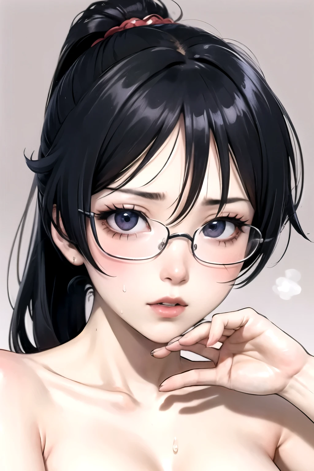 ((best quality)), ((masterpiece)), (detailed), perfect face. Black hair. Ponytail. Anime girl. Black eyes. Glasses. Sweat. Vagina.