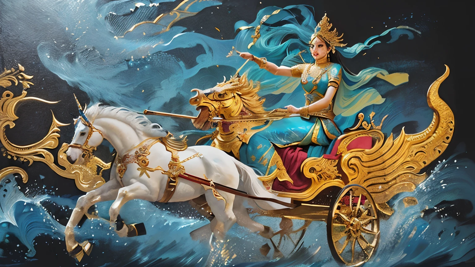 painting of a woman riding in a chariot pulled by two horses, mythological painting, javanese mythology, chariot, goddess of travel, woman riding a flying unicorn, historical artistic depiction, from ramayan, godess, puṣkaracūḍa, thailand art, artistic depiction, mythological, queen of the sea mu yanling