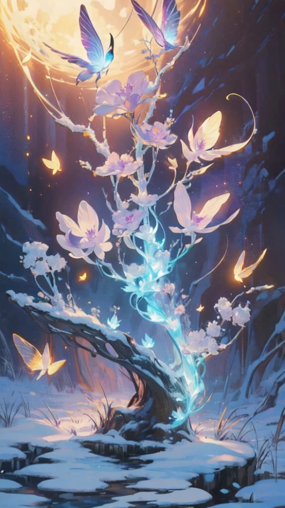 Fantastic snow and ice jungle，Many scattered crystal trees、Glowing amethysts illuminate the snow and ice、Shine in the center，Beautiful transparent flowers, Transparent colored butterfly, The wand flutters in the wind､The crystal shimmers with starlight，Golden wand，transparent feathers，fanciful、Starskrim、cleanness、glimmering、Shineagnifica、Verdant、Light、with light glowing，Magic pictures,Delicate leaves and branches are surrounded by fireflies（nature elements），（Jungle theme），（Foliage），（tree branch），（glowworm），（Particle effect），Masterpiece, Super detailed, Epic composition, Highest quality, 8K，Epic romantic fantasy digital art，Epic fairy tale fantasy digital art，Mythological fantasy，tmasterpiece，high qulity，8K，UHD resolution，Detailed detail drawing，realisticlying，Very realistic，cinmatic lighting,an award winning photograph,rich colours，hyper realistic lifelike texture，dramatic  lighting