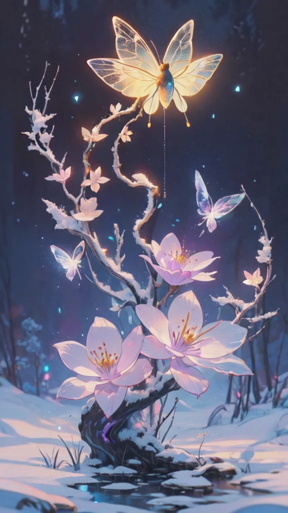 Fantastic snow and ice jungle,Many scattered crystal trees、Glowing amethysts illuminate the snow and ice、Shine in the center,Beautiful transparent flowers, Transparent colored butterfly, The wand flutters in the wind、The crystal shimmers with starlight,Golden wand,transparent feathers,fanciful、Starskrim、cleanness、glimmering、Shineagnifica、Verdant、Light、with light glowing,Magic pictures,Delicate leaves and branches are surrounded by fireflies(nature elements),(Jungle theme),(Foliage),(tree branch),(glowworm),(Particle effect),Masterpiece, Super detailed, Epic composition, Highest quality, 8K,Epic romantic fantasy digital art,Epic fairy tale fantasy digital art,Mythological fantasy,tmasterpiece,high qulity,8K,UHD resolution,Detailed detail drawing,realisticlying,Very realistic,cinmatic lighting,an award winning photograph,rich colours,hyper realistic lifelike texture,dramatic lighting