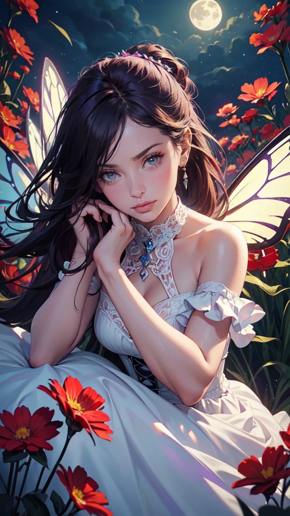 high details, best quality, 16k, RAW, [best detailed], masterpiece, best quality, (extremely detailed), full body, ultra wide shot, photorealistic, dark fantasy art, goth art, RPG art, D&D art, a picture of a dark female fairy resting in a flower meadow, extremely beautiful fairy, ultra feminine (intense details, Masterpiece, best quality), best detailed face (intense details, Masterpiece, best quality), having wide butterfly wings, spread butterfly wings (intense details, Masterpiece, best quality), dark colors wings (intense details, Masterpiece, best quality), black hair, long hair, shinning hair, flowing hair, shy smile, innocent smile, blue eyes, dark red lips, wearing [red] dress latex corset (intense details, Masterpiece, best quality), dynamic elegant shirt, chocker, wearing high heels, in dark colored flower meadow (intense details, Masterpiece, best quality), (red flowers: 1.2) , (black flowers: 1.2), (white flowers: 1.2), (blue flowers: 1.3) [extreme many flowers] (intense details, Masterpiece, best quality), dark colorful flowers (intense details, Masterpiece, best quality), flower meadow in a dark goth field background, dim light, cinematic light, High Detail, Ultra High Quality, High Resolution, 16K Resolution, Ultra HD Pictures, 3D rendering Ultra Realistic, Clear Details, Realistic Detail, Ultra High Definition, DonMF41ryW1ng5XL,detailed eyes, detailed hands, detailed eyes, elf woman, flowers, wet hair, laying on bed, flowers

