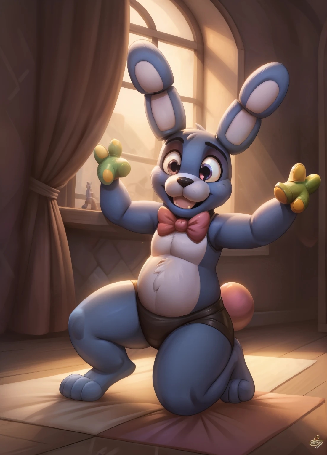 (best quality,highres:1.2), realistic, detailed illustration, Toy Bonnie from Five Nights at Freddy's, playful and vibrant colors, cute and friendly expressions, adorable and fuzzy texture, in a style for kids, with emphasis on the facial features such as big round eyes, a small button nose, and a wide smile, showcasing its charming personality, joyful and energetic pose with its feet visible, surrounded by colorful toys and props, a lively and dynamic background depicting a fun and imaginative setting, soft and gentle lighting to enhance the cozy and inviting atmosphere.