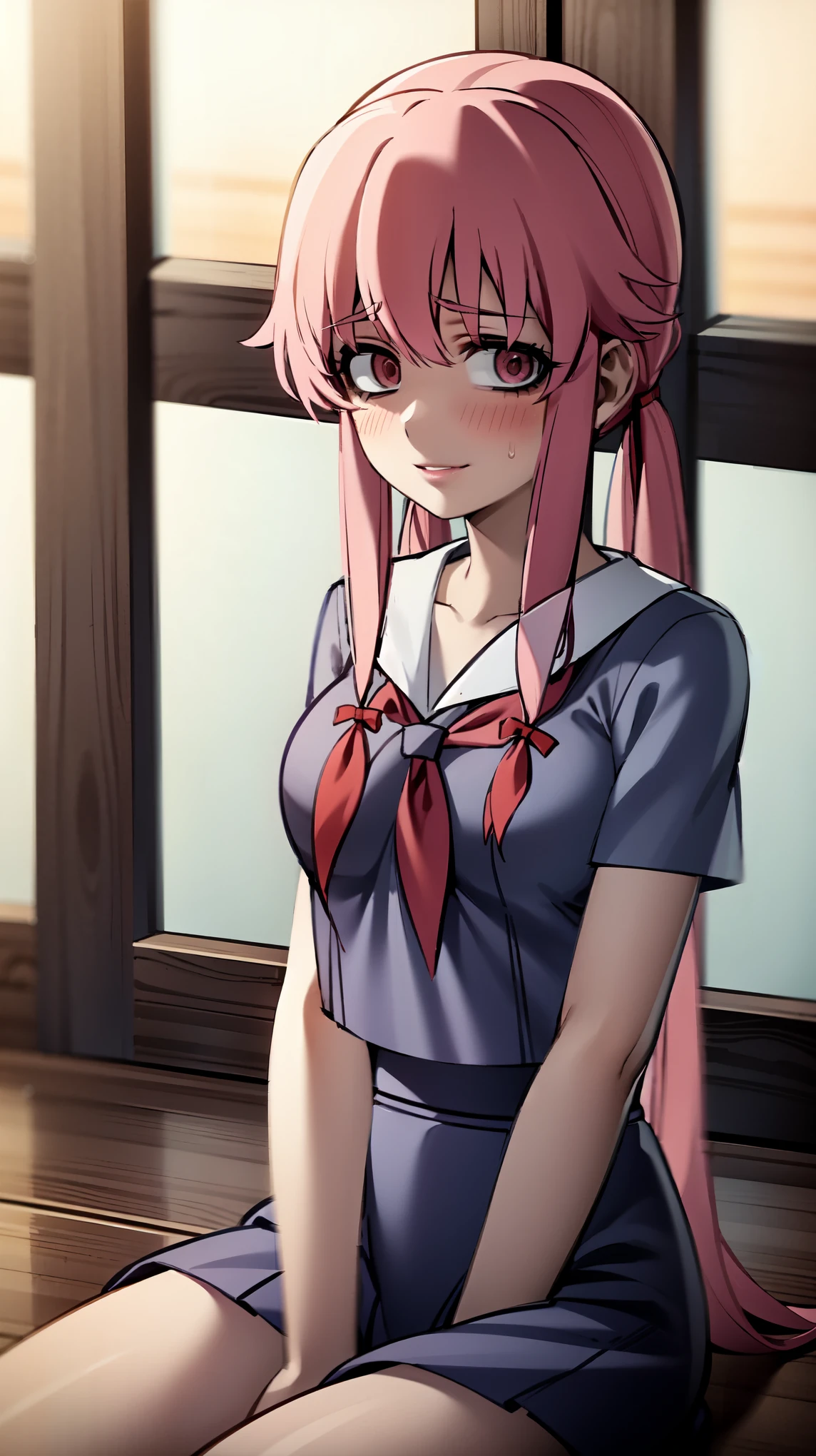 1girl, breasts, pink_hair, skirt, solo, blush, school_uniform, looking_at_viewer, sitting, cleavage, pink_eyes, long_hair, pleated_skirt, indoors, sweat, collarbone, navel, large_breasts, shirt, bra, blue_shirt, smile, short_sleeves, neckerchief, thighs, bangs, twintails, midriff, serafuku, closed_mouth, blue_skirt, red_neckerchief, underwear, sailor_collar, lips