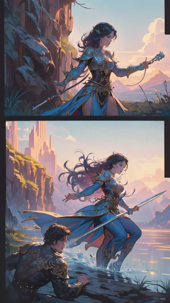 a picture of a female elf (intense details, Masterpiece, best quality: 1.5) fantasy swashbuckler, fantasy fencer, armed with a slim sword, shinning sword, metallic shine, colorful clothes, dynamic clothing, an ultra wide shot, full body (intense details, Masterpiece, best quality: 1.5)epic beautiful female elf (intense details, Masterpiece, best quality: 1.5), rich hair, braided hair, small pointed ears, Sword and shield, GLOWING SWORD [colorful magical sigils in the air],[ colorful arcane markings floating] (intricate details, Masterpiece, best quality: 1.6), holding a [sword] (intricate details, Masterpiece, best quality: 1.6) holding a [sword glowing in red light] fantasy urban street (intense details, Masterpiece, best quality: 1.5),  purple cloak, long cloak (intense details, Masterpiece, best quality: 1.5), sense of daring, sense of adventure,  high details, best quality, 8k, [ultra detailed], masterpiece, best quality, (extremely detailed), dynamic angle, ultra wide shot, photorealistic, RAW, fantasy art, dnd art, fantasy art, realistic art, DonM3lv3s, fantasysword sword, detailed face
d