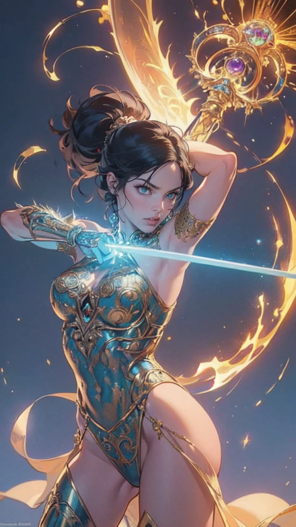 a picture of a female elf (intense details, Masterpiece, best quality: 1.5) fantasy swashbuckler, fantasy fencer, armed with a slim sword, shinning sword, metallic shine, colorful clothes, dynamic clothing, an ultra wide shot, full body (intense details, Masterpiece, best quality: 1.5)epic beautiful female elf (intense details, Masterpiece, best quality: 1.5), rich hair, braided hair, small pointed ears, Sword and shield, GLOWING SWORD [colorful magical sigils in the air],[ colorful arcane markings floating] (intricate details, Masterpiece, best quality: 1.6), holding a [sword] (intricate details, Masterpiece, best quality: 1.6) holding a [sword glowing in red light] fantasy urban street (intense details, Masterpiece, best quality: 1.5),  purple cloak, long cloak (intense details, Masterpiece, best quality: 1.5), sense of daring, sense of adventure,  high details, best quality, 8k, [ultra detailed], masterpiece, best quality, (extremely detailed), dynamic angle, ultra wide shot, photorealistic, RAW, fantasy art, dnd art, fantasy art, realistic art, DonM3lv3s, fantasysword sword, detailed face
d