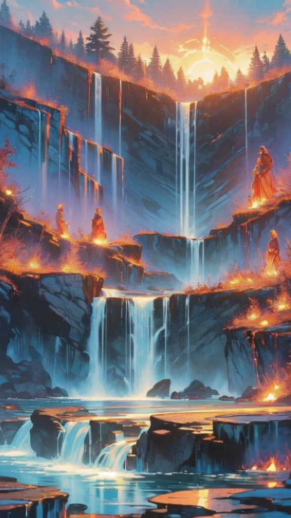 fantasy art, photorealistic, D&D art, a picture of a female monk sitting and meditating near a waterfall, at the base of the waterfall,  there is a human woman monk wearing monk garbs, meditating near a bonfire near an (epic sized waterfall: 1.3), red hair, long hair, full body (best details, Masterpiece, best quality :1.5), ultra detailed face (best details, Masterpiece, best quality :1.5), ultra feminine (best details, Masterpiece, best quality :1.5), exquisite beautiful (best details, Masterpiece, best quality :1.5) red hair, long hair, wavy hair, pale skin, blue eyes, intense eyes, water coming down from a volcanic cliff, multi level water falls, several pools created in different levels, forming new waterfalls, water cascading into a (large lava pool: 1.3) steam rising, clear water in many hues of blue and azure falling, ultra best realistic, best details, best quality, 16k, [ultra detailed], masterpiece, best quality, (extremely detailed), ultra wide shot, photorealism, depth of field, hyper realistic painting, magv1ll