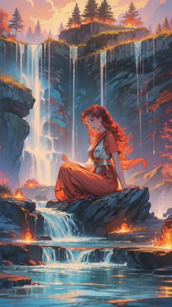 fantasy art, photorealistic, D&D art, a picture of a female monk sitting and meditating near a waterfall, at the base of the waterfall,  there is a human woman monk wearing monk garbs, meditating near a bonfire near an (epic sized waterfall: 1.3), red hair, long hair, full body (best details, Masterpiece, best quality :1.5), ultra detailed face (best details, Masterpiece, best quality :1.5), ultra feminine (best details, Masterpiece, best quality :1.5), exquisite beautiful (best details, Masterpiece, best quality :1.5) red hair, long hair, wavy hair, pale skin, blue eyes, intense eyes, water coming down from a volcanic cliff, multi level water falls, several pools created in different levels, forming new waterfalls, water cascading into a (large lava pool: 1.3) steam rising, clear water in many hues of blue and azure falling, ultra best realistic, best details, best quality, 16k, [ultra detailed], masterpiece, best quality, (extremely detailed), ultra wide shot, photorealism, depth of field, hyper realistic painting, magv1ll