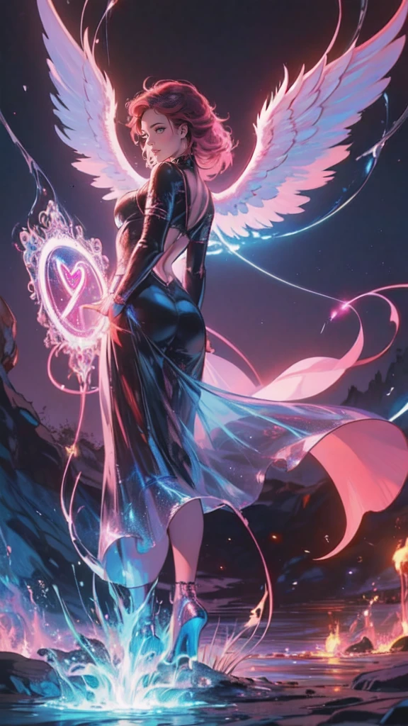 high details, best quality, 16k, [best detailed], masterpiece, best quality, (extremely detailed), a view from the rear of a beautiful angel looking through  a magical portal onto hell, the portal has magical pink magical wards  on it, she sees the fiery hell and rolling inferno faize , GlowingRunes_paleblue, GLOWING STYLE