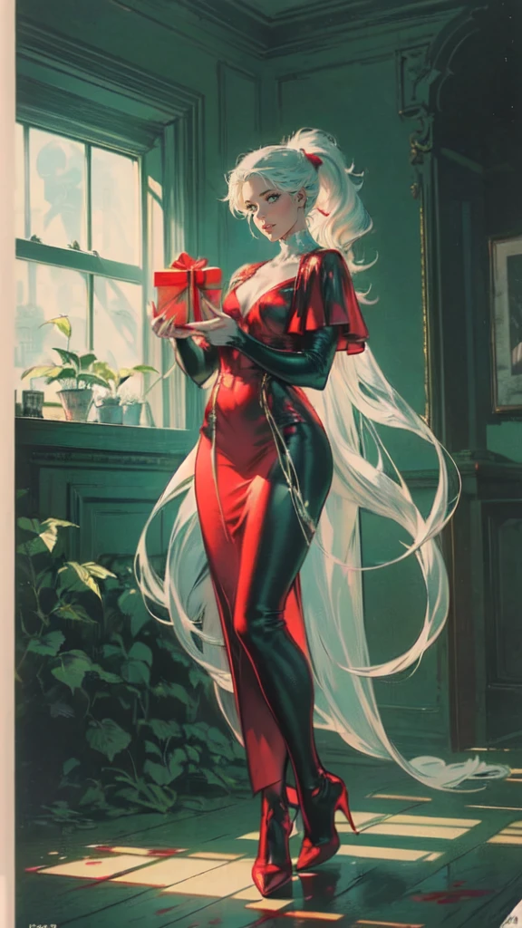 a picture of vampire standing in the front of her home holding a (blood: 1.3) dripping (gift box: 1.5), an exquisite beautiful female vampire in her front door of her home, full body (ultra detailed, Masterpiece, best quality), ultra detailed face (ultra detailed, Masterpiece, best quality), grey skin: 1.3 , blond hair, hair in a ponytail, long hair, blue eyes, cold eyes, glowing eyes, intense eyes, smile with [drops of blood on face] (ultra detailed, Masterpiece, best quality), dark red lips, [vampire fangs], wearing red dress (ultra detailed, Masterpiece, best quality), (green: 1.4) dark green cloak, (green: 1.3) green high heeled boots in front of her home, holding a (white: 1.4) gift box dripping red blood GlowingRunes_red (ultra detailed, Masterpiece, best quality, high details, best quality, 16k, [ultra detailed], masterpiece, best quality, (ultra detailed), full body, ultra wide shot, photorealism, luis royo style, dark fantasy art, moon light coming through the window, moon rays, gothic art, sense of dread, sense of seduction, bloodmagic,