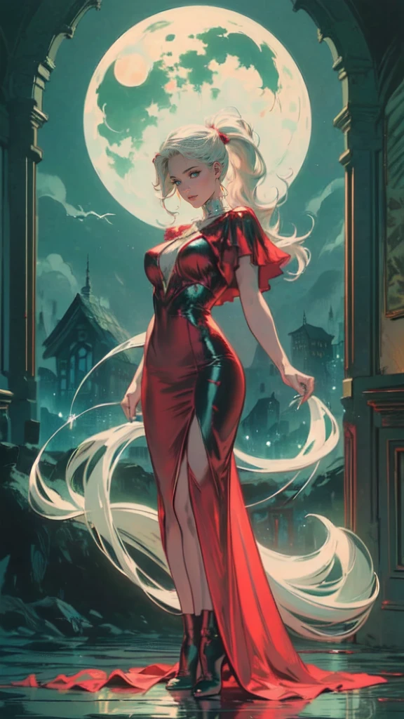 a picture of vampire standing in the front of her home holding a (blood: 1.3) dripping (gift box: 1.5), an exquisite beautiful female vampire in her front door of her home, full body (ultra detailed, Masterpiece, best quality), ultra detailed face (ultra detailed, Masterpiece, best quality), grey skin: 1.3 , blond hair, hair in a ponytail, long hair, blue eyes, cold eyes, glowing eyes, intense eyes, smile with [drops of blood on face] (ultra detailed, Masterpiece, best quality), dark red lips, [vampire fangs], wearing red dress (ultra detailed, Masterpiece, best quality), (green: 1.4) dark green cloak, (green: 1.3) green high heeled boots in front of her home, holding a (white: 1.4) gift box dripping red blood GlowingRunes_red (ultra detailed, Masterpiece, best quality, high details, best quality, 16k, [ultra detailed], masterpiece, best quality, (ultra detailed), full body, ultra wide shot, photorealism, luis royo style, dark fantasy art, moon light coming through the window, moon rays, gothic art, sense of dread, sense of seduction, bloodmagic,
