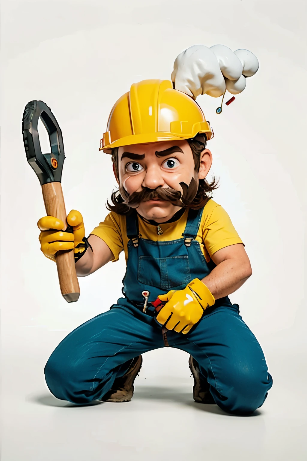 construction man, cartoon, tools, safety hat on head, moustache, cartoon, hand draw, illustration, hammer in hand, more cartoonish