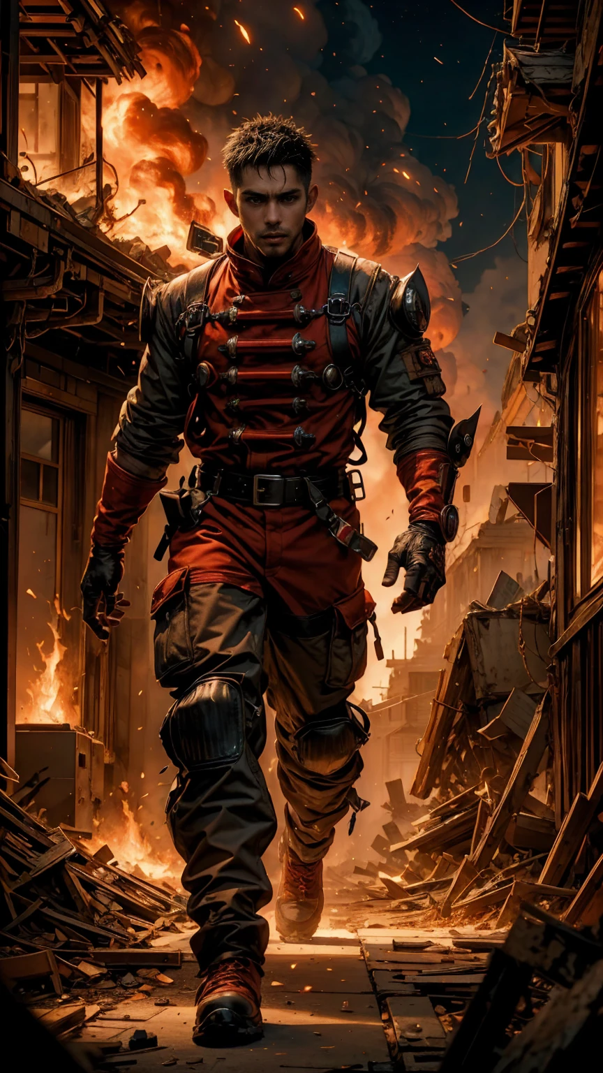 A sexy Fire Fighter, anime style. walking through a building on fire, rotten and burnt, (traje de bombero, traje de bombero:1.4) showing off a sexy and tough firefighter outfit. Every space and build in the landscape is meticulously rendered, from the most desolate and terrifying fire, creating a visually stunning and immersive situation. The overall effect is a terrifying mix of fantasy, fire and adrenaline, hellpunk anime. close-up, fine quality eyes, ultra detailed, Beautiful and aesthetically pleasing, masterpiece, Best quality score, Extremely detailed , dynamic angle, raytraced, middle body, close up, high view, fire particles and hard lights, angulo picado.,worldoffire,metal steel building