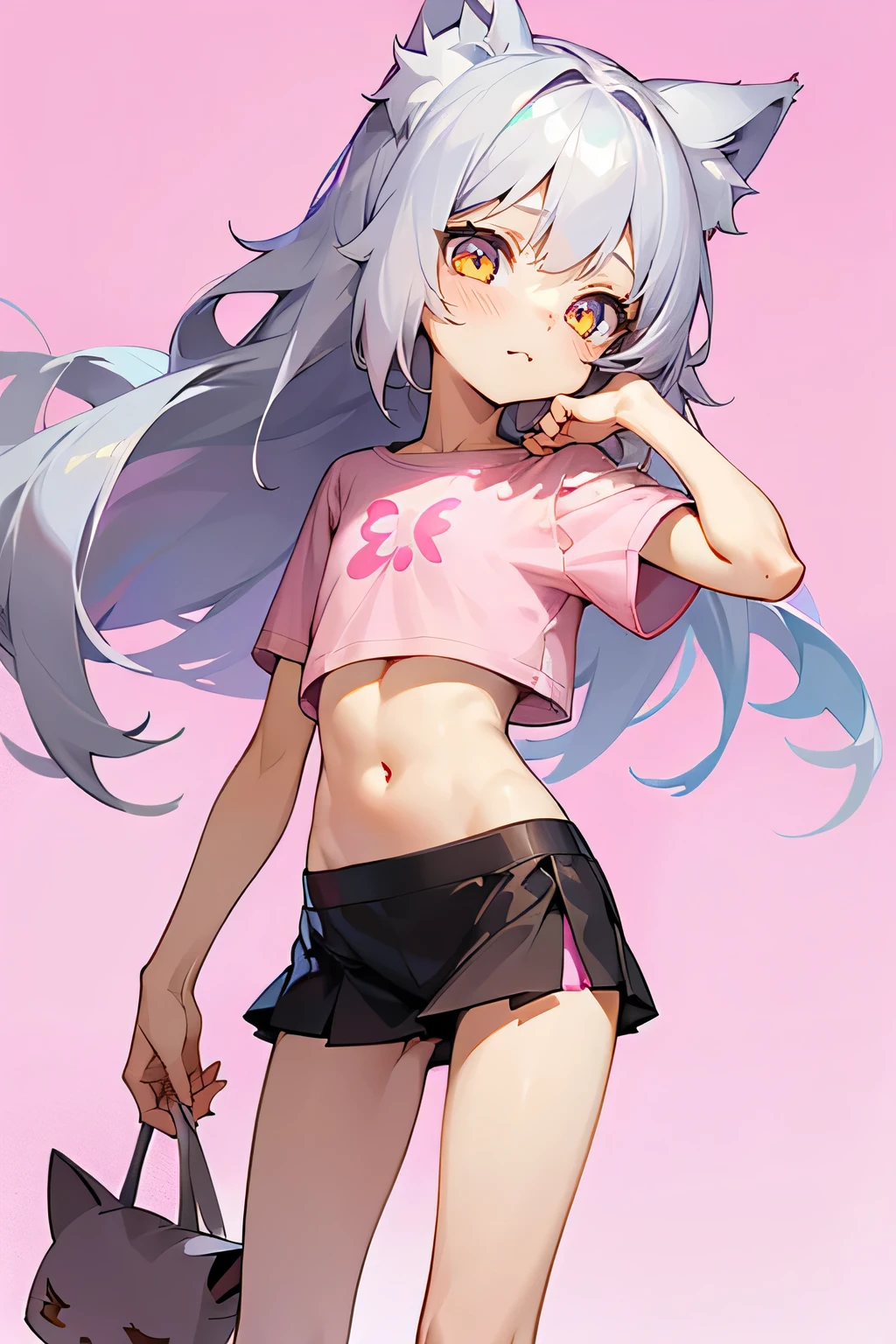 1girl, silver hair, golden eyes with pupils, ((skinny)), ((petite)), short, small, ((neko)), (cropped solid pastel pink tshirt), long hair, short skirt, (((???))), cat ears, happy, blush, flat chest, midriff, at school, hand on tummy, belly rub