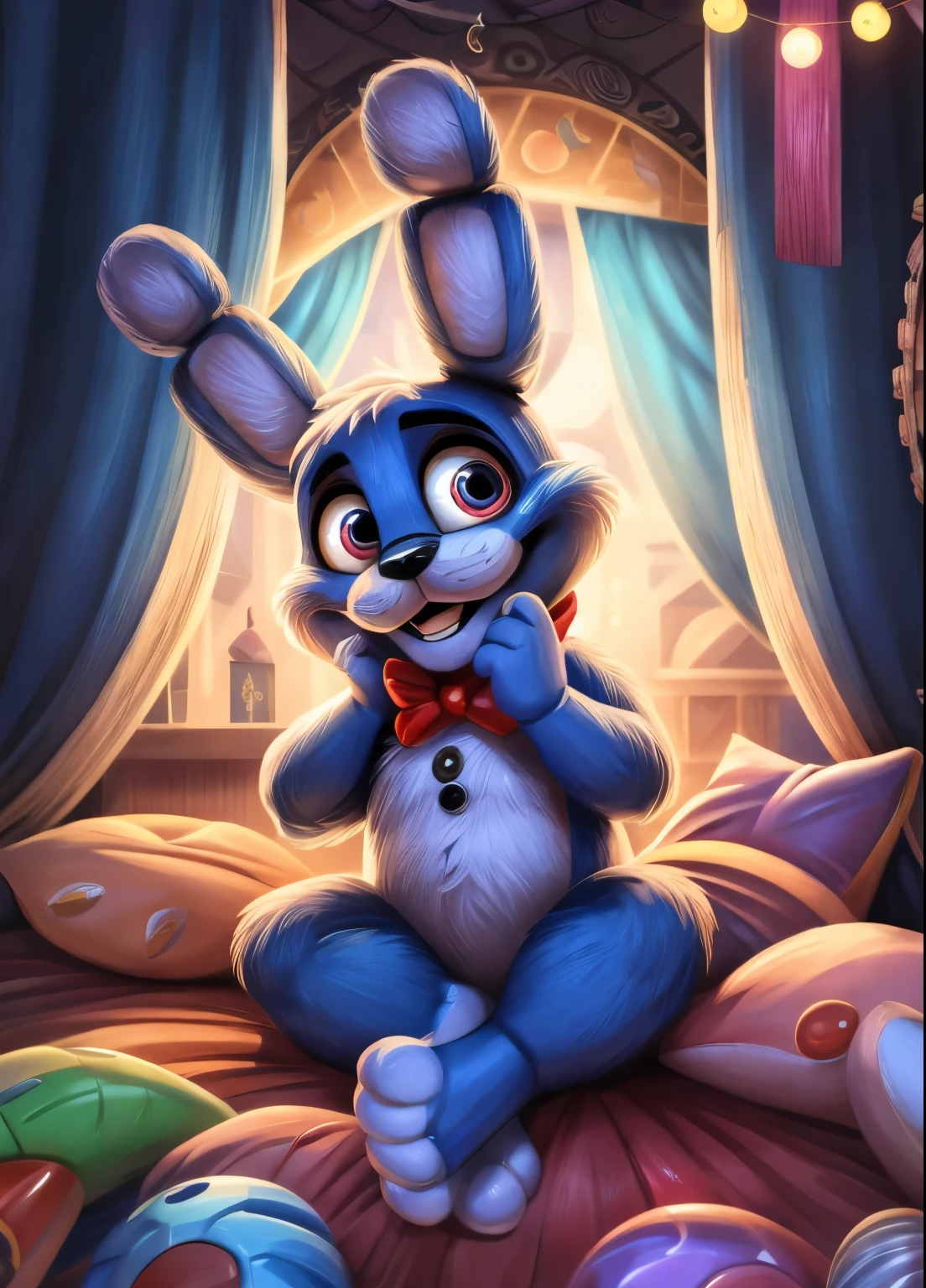 (best quality, highres:1.2), realistic, detailed illustration, Toy Bonnie from Five Nights at Freddy's, playful and vibrant colors, cute and friendly expressions, adorable and fuzzy texture, in a style for kids, with emphasis on the facial features such as big round eyes, a small button nose, and a wide smile, showcasing its charming personality, joyful and energetic pose with its (fee)t visible, (adorable feet), (cute feet), surrounded by colorful toys and props, a lively and dynamic background depicting a fun and imaginative setting, soft and gentle lighting to enhance the cozy and inviting atmosphere