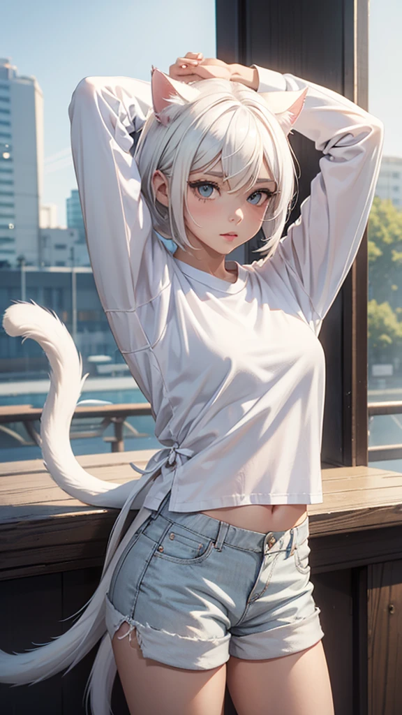 1girl, ebenya, looking at viewer, white hair, neko, cat ears, cat tail, white shirt, shorts, open clothes, russian city, ba-shiroko, arms behind head