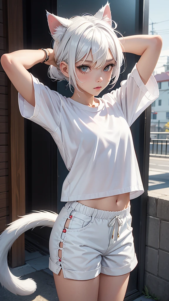 Single boy, Anime Femboy, Short, Long white hair, wolf ears, wolf tail, blue eyes, wearing jean short shorts, thigh high socks, black combat boots, wearing cropped black hoodie, flat chest, super flat chest, solo femboy, only one femboy ((FLAT CHEST)), wide hips, thicc thighs, happy, nice butt, lobo written on hoodie, bent over sexo