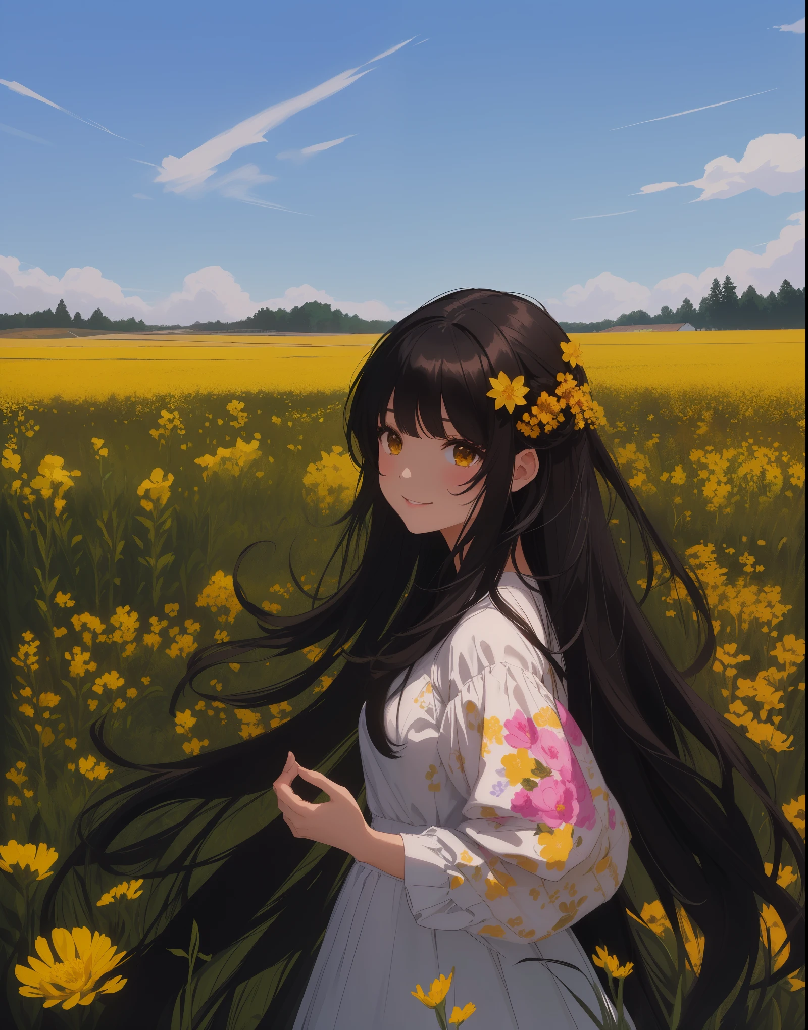 black long hair, best quality, young girl, pretty face, brown eyes, white skirt, on the yellow field, smiles easily, looks at the viewer, pink manicure, pink makeup, portrait, long hair cute girl, using vibrant colors, high contrast, sharp outlines, detailed textures, digital painting, woman in field of yellow flowers holding a flower, in field with flowers, in field, Portrait of a girl in a flower field, standing in field with flowers, Anime-style, illustration,