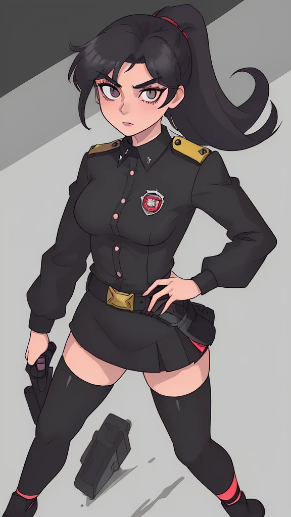 Officer Rika has a lean, athletic build, standing at 5'7" with long, toned legs and a slender waist.with big  and fat ass .Her skin is a fair porcelain tone, and her eyes are a striking shade of ruby red that seem to smolder with intensity. She has long, straight jet-black hair that reaches down to her waist, with a vibrant scarlet streak running through it. A small, alluring scar above her left brow adds a touch of mystery to her captivating features.Officer Rika wears a tailored black police uniform, which accentuates her figure and features. The jacket is fitted at the waist and sleeves, with epaulettes on the shoulders and a badge on the left breast pocket. The skirt is a short, flared design that showcases her shapely legs, and she wears black stockings underneath for practicality. Her shoes are a combination of black boots and polished leather dress shoes, completing the ensemble. To accessorize her look, Rika holds a sleek, black pistol in her right hand, ready for action. She also wears a matching black headband that holds her hair back in a sleek ponytail, with a small pair of cat ears on her head and tail st back. Her utility belt is adorned with various pouches and holsters for her police equipment, adding a touch of functionality to her sexiness.