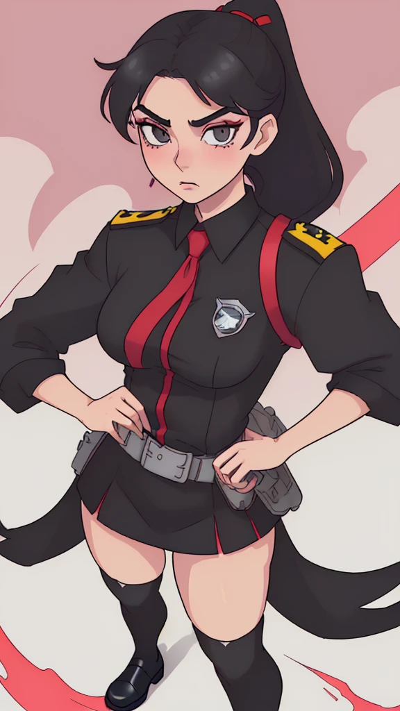 Officer Rika has a lean, athletic build, standing at 5'7" with long, toned legs and a slender waist.with big  and fat ass .Her skin is a fair porcelain tone, and her eyes are a striking shade of ruby red that seem to smolder with intensity. She has long, straight jet-black hair that reaches down to her waist, with a vibrant scarlet streak running through it. A small, alluring scar above her left brow adds a touch of mystery to her captivating features.Officer Rika wears a tailored black police uniform, which accentuates her figure and features. The jacket is fitted at the waist and sleeves, with epaulettes on the shoulders and a badge on the left breast pocket. The skirt is a short, flared design that showcases her shapely legs, and she wears black stockings underneath for practicality. Her shoes are a combination of black boots and polished leather dress shoes, completing the ensemble. To accessorize her look, Rika holds a sleek, black pistol in her right hand, ready for action. She also wears a matching black headband that holds her hair back in a sleek ponytail, with a small pair of cat-like ears perched on top. Her utility belt is adorned with various pouches and holsters for her police equipment, adding a touch of functionality to her sexiness.