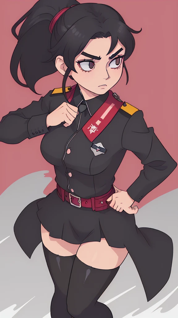 Officer Rika has a lean, athletic build, standing at 5'7" with long, toned legs and a slender waist.with big and fat ass .Her skin is a fair porcelain tone, and her eyes are a striking shade of ruby red that seem to smolder with intensity. She has long, straight jet-black hair that reaches down to her waist, with a vibrant scarlet streak running through it. A small, alluring scar above her left brow adds a touch of mystery to her captivating features.Officer Rika wears a tailored black police uniform, which accentuates her figure and features. The jacket is fitted at the waist and sleeves, with epaulettes on the shoulders and a badge on the left breast pocket. The skirt is a short, flared design that showcases her shapely legs, and she wears black stockings underneath for practicality. Her shoes are a combination of black boots and polished leather dress shoes, completing the ensemble. To accessorize her look, Rika holds a sleek, black pistol in her right hand, ready for action. She also wears a matching black headband that holds her hair back in a sleek ponytail, with a small pair of cat-like ears perched on top. Her utility belt is adorned with various pouches and holsters for her police equipment, adding a touch of functionality to her sexiness.