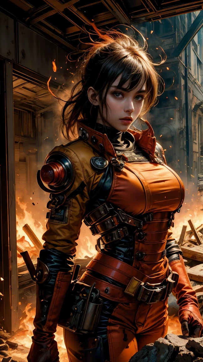 A sexy Fire Fighter, anime style. walking through a building on fire, rotten and burnt, (traje de bombero, traje de bombero:1.4) showing off a sexy and tough firefighter outfit. Every space and build in the landscape is meticulously rendered, from the most desolate and terrifying fire, creating a visually stunning and immersive situation. The overall effect is a terrifying mix of fantasy, fire and adrenaline, hellpunk anime. close-up, fine quality eyes, ultra detailed, Beautiful and aesthetically pleasing, masterpiece, Best quality score, Extremely detailed , dynamic angle, raytraced, middle body, close up, high view, fire particles and hard lights, angulo picado.,worldoffire,metal steel building