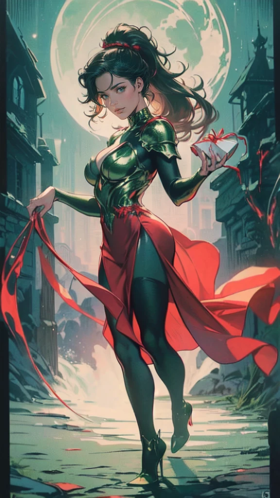a picture of vampire standing in the front of her home holding a (blood: 1.3) dripping (gift box: 1.5), an exquisite beautiful female vampire in her front door of her home, full body (ultra detailed, Masterpiece, best quality), ultra detailed face (ultra detailed, Masterpiece, best quality), grey skin: 1.3 , blond hair, hair in a ponytail, long hair, blue eyes, cold eyes, glowing eyes, intense eyes, smile with [drops of blood on face] (ultra detailed, Masterpiece, best quality), dark red lips, [vampire fangs], wearing red dress (ultra detailed, Masterpiece, best quality), (green: 1.4) dark green cloak, (green: 1.3) green high heeled boots in front of her home, holding a (white: 1.4) gift box dripping red blood GlowingRunes_red (ultra detailed, Masterpiece, best quality, high details, best quality, 16k, [ultra detailed], masterpiece, best quality, (ultra detailed), full body, ultra wide shot, photorealism, luis royo style, dark fantasy art, moon light coming through the window, moon rays, gothic art, sense of dread, sense of seduction, bloodmagic,