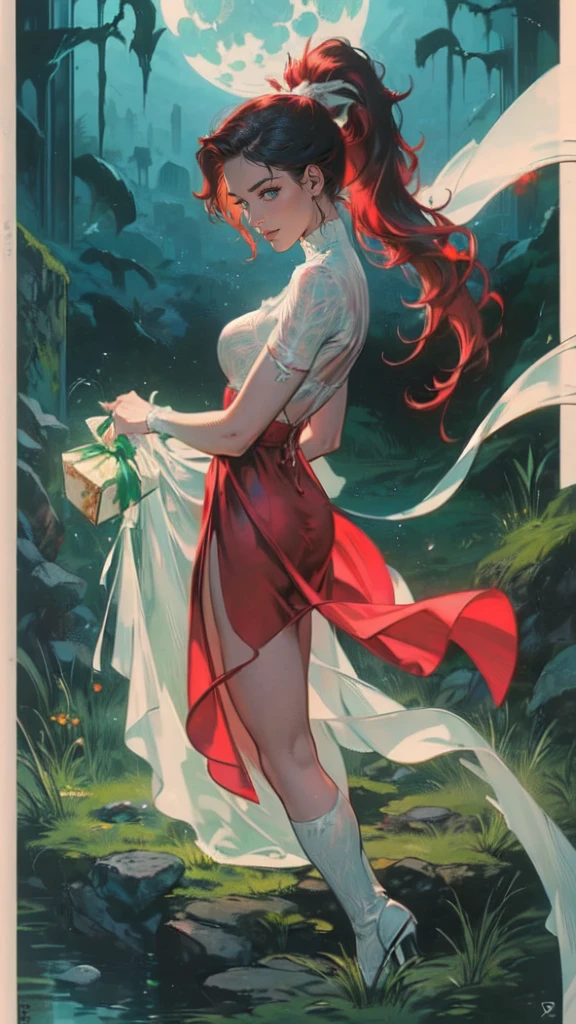 a picture of vampire standing in the front of her home holding a (blood: 1.3) dripping (gift box: 1.5), an exquisite beautiful female vampire in her front door of her home, full body (ultra detailed, Masterpiece, best quality), ultra detailed face (ultra detailed, Masterpiece, best quality), grey skin: 1.3 , blond hair, hair in a ponytail, long hair, blue eyes, cold eyes, glowing eyes, intense eyes, smile with [drops of blood on face] (ultra detailed, Masterpiece, best quality), dark red lips, [vampire fangs], wearing red dress (ultra detailed, Masterpiece, best quality), (green: 1.4) dark green cloak, (green: 1.3) green high heeled boots in front of her home, holding a (white: 1.4) gift box dripping red blood GlowingRunes_red (ultra detailed, Masterpiece, best quality, high details, best quality, 16k, [ultra detailed], masterpiece, best quality, (ultra detailed), full body, ultra wide shot, photorealism, luis royo style, dark fantasy art, moon light coming through the window, moon rays, gothic art, sense of dread, sense of seduction, bloodmagic,